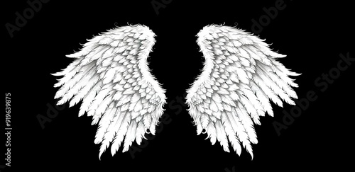 A pair of white angel wings isolated on a black background.
