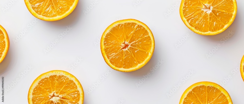 A collection of sliced oranges arranged on a pristine white table, adjacent to one another atop a clean white surface A collection of sliced oranges arranged on a pristine white table, adjacent to one another atop a clean white surface