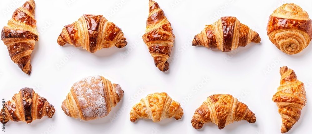 A collection of croissants aligned on a pristine white tabletop against a blank white backdrop A collection of croissants aligned on a pristine white tabletop against a blank white backdrop