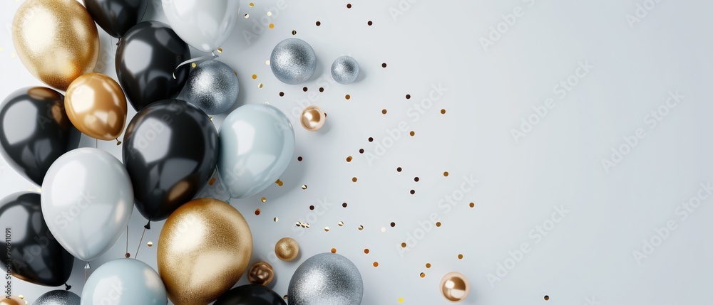 A white background is adorned with a multitude of black and gold balloons, accompanied by scattered gold and silver confetti A white background is adorned with a multitude of black and gold balloons, accompanied by scattered gold and silver confetti