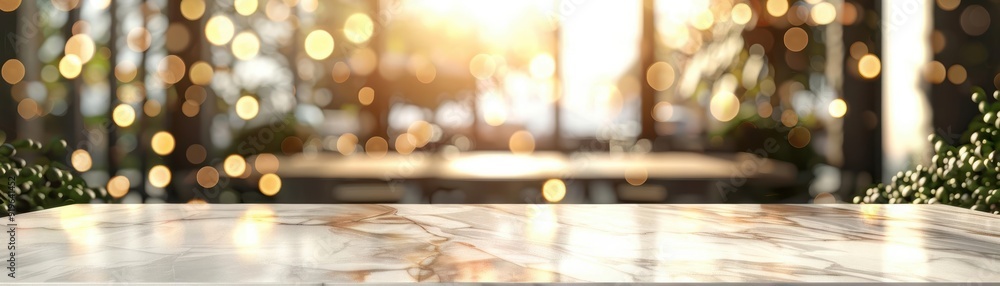 A beautiful marble tabletop with a blurred background of warm lights, perfect for showcasing products or food photography. A beautiful marble tabletop with a blurred background of warm lights, perfect for showcasing products or food photography.