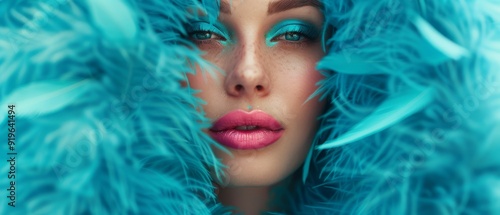  A woman with blue feathers in her close-up and vivid blue makeup on her face