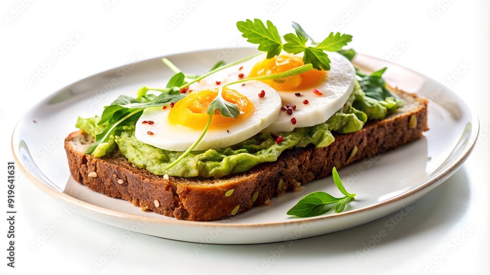 sandwich, rye bread, avocado spread, egg, greens, white background, on a plate sandwich, rye bread, avocado spread, egg, greens, white background, on a plate