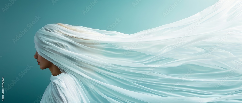 A painting of a woman in a flowing white veil against a light blue backdrop A painting of a woman in a flowing white veil against a light blue backdrop