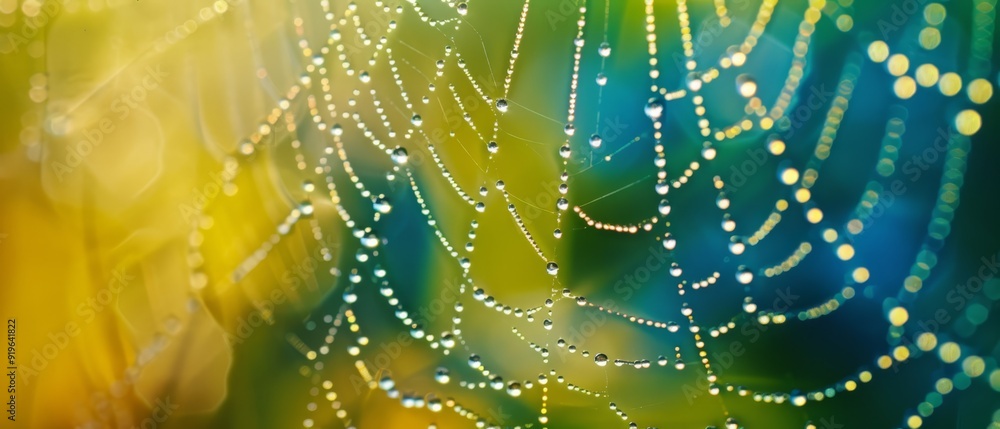A close-up of a spider web with dew drops on its threads A close-up of a spider web with dew drops on its threads