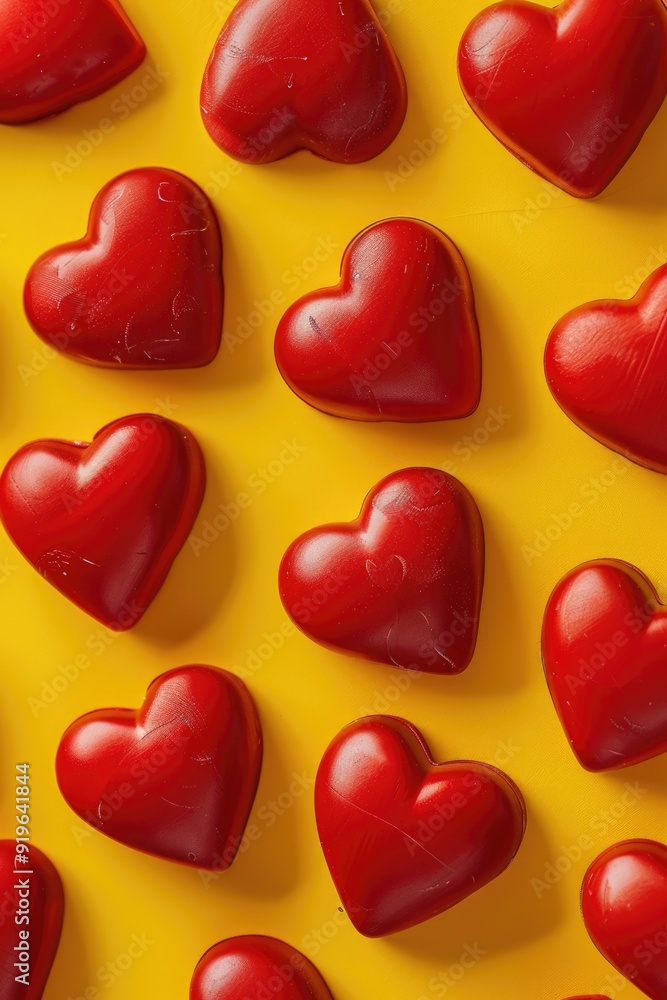 Red heart-shaped candies on a yellow background, perfect for festive occasions and celebrations. Red heart-shaped candies on a yellow background, perfect for festive occasions and celebrations.