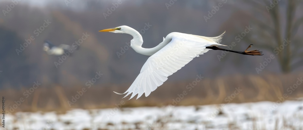 A large white bird soars above a snow-covered field with trees in the backdrop In the foreground, another bird is perched A large white bird soars above a snow-covered field with trees in the backdrop In the foreground, another bird is perched