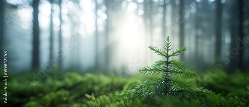  A tiny pine tree stands solitarily amidst the forest, sun rays filtering through fog-laden trees