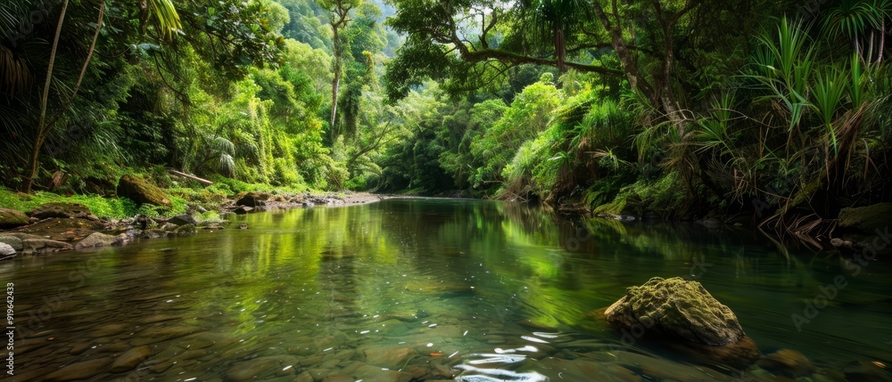 A river winds through a verdant forest, teeming with abundant green vegetation and boulders along its banks A river winds through a verdant forest, teeming with abundant green vegetation and boulders along its banks