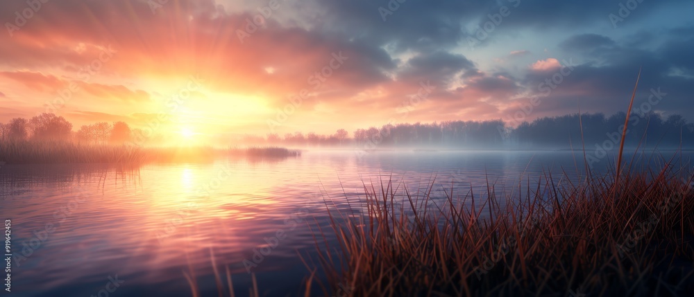 Fototapeta premium reeds in foreground, trees in background