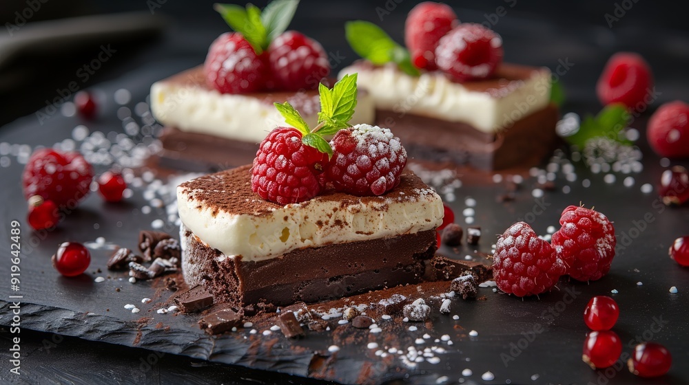 A chocolate cake with raspberries on top A chocolate cake with raspberries on top