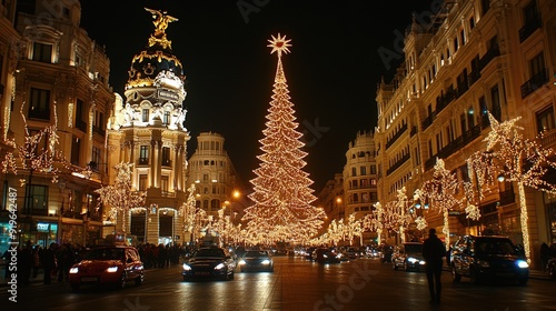 A Christmas tree is lit up in the middle of a city street