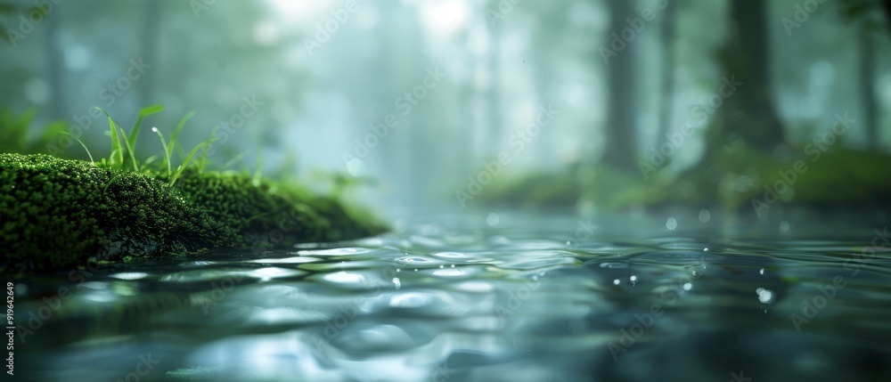Fototapeta premium A stream running through a forest, its bank lined with growing grass, water in the middle