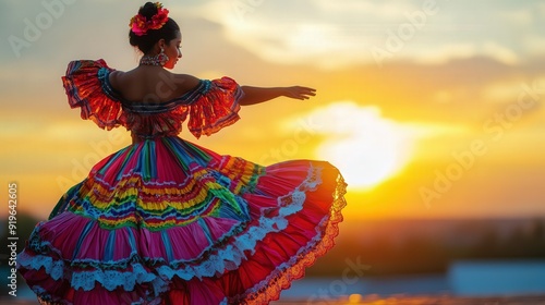 A hispanic woman in a colorful dress is dancing in front of a sunset