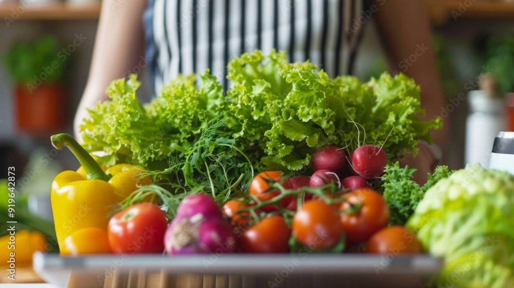 A woman is holding a tray of vegetables, including tomatoes, radishes A woman is holding a tray of vegetables, including tomatoes, radishes