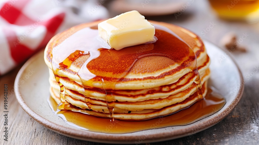 Plate of pancakes drizzled with syrup and topped with a pat of butter. Plate of pancakes drizzled with syrup and topped with a pat of butter.