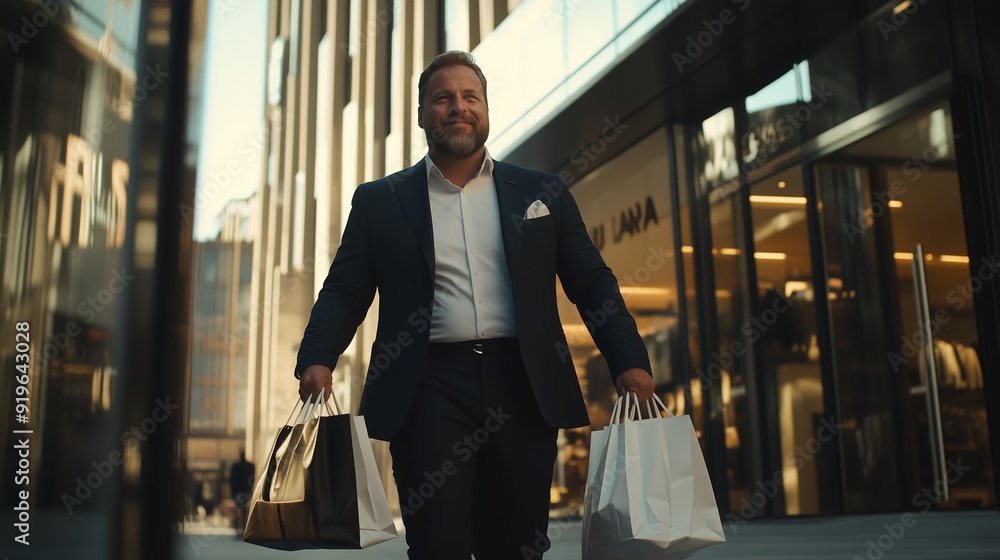 Naklejka premium A man happily carrying multiple shopping bags in an upscale urban shopping district during the afternoon