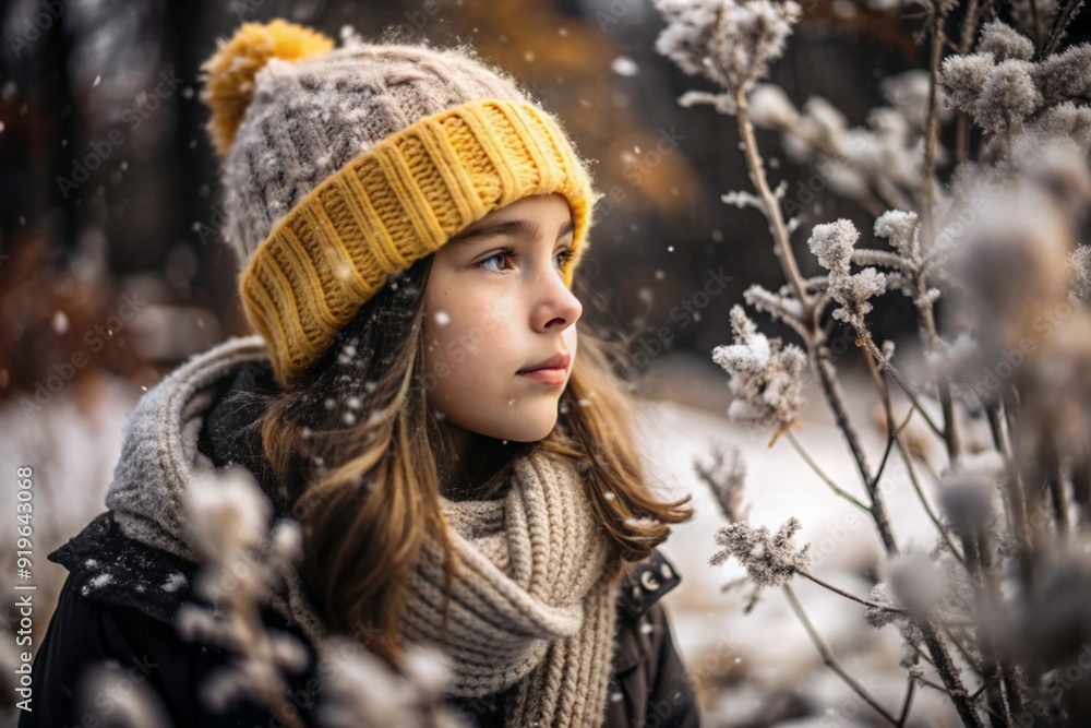 Winter portrait. Close-up of a young girl in a knitted hat, scarf and jacket outdoors. The snow is falling beautifully. Winter portrait. Close-up of a young girl in a knitted hat, scarf and jacket outdoors. The snow is falling beautifully.