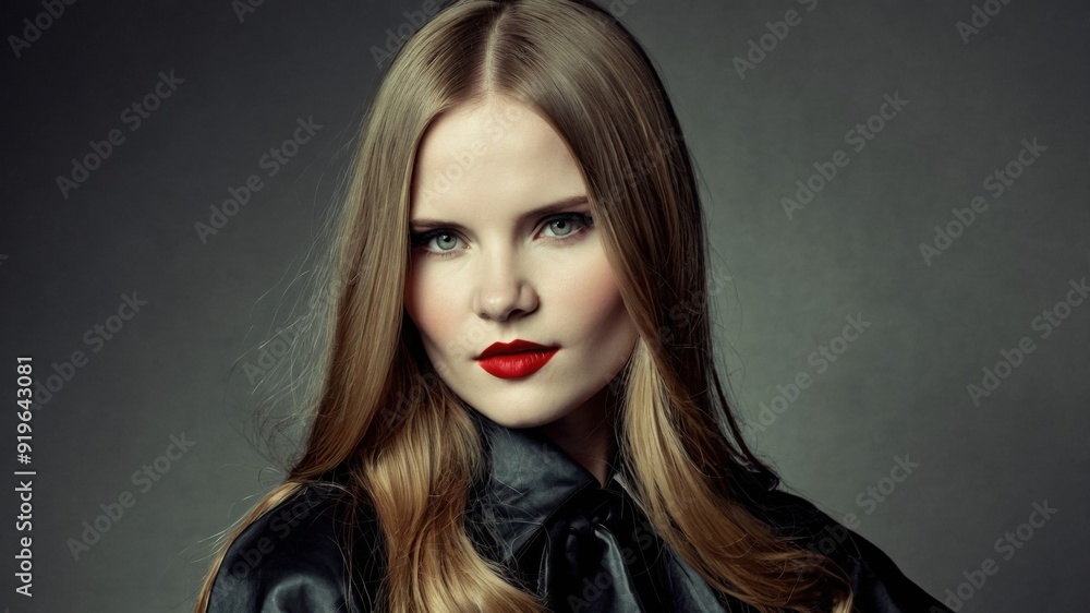 Portrait of an elegant woman with striking red lips, long straight hair, and a dark, stylish outfit, exuding confidence and sophistication.
Portrait of an elegant woman with striking red lips, long straight hair, and a dark, stylish outfit, exuding confidence and sophistication.