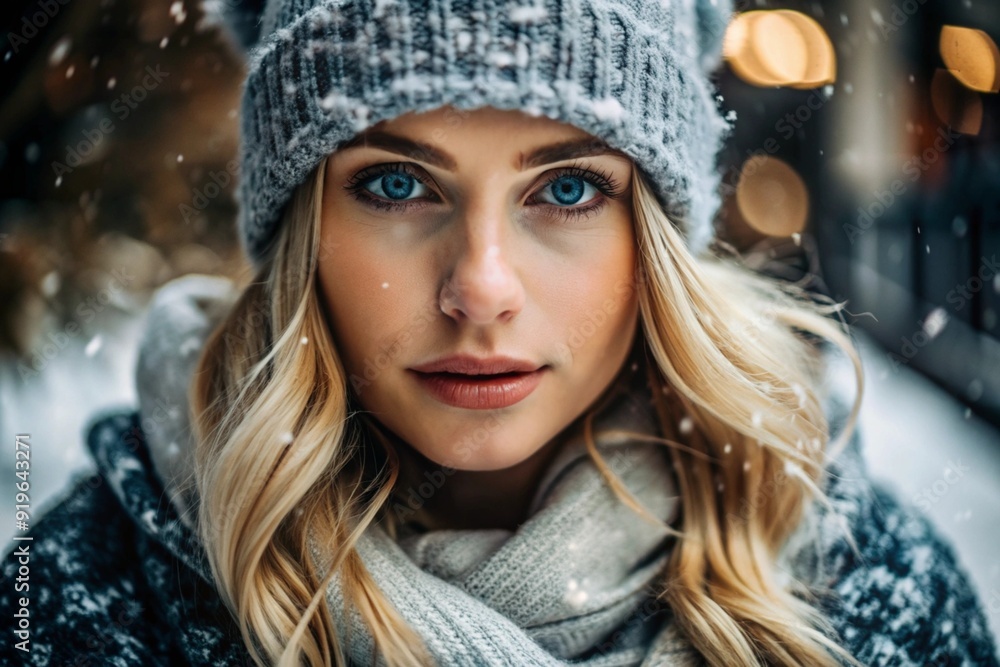 Winter portrait. Close-up of a blonde young woman with expressive blue eyes in a knitted hat, scarf and sweater. Snow is falling. Winter portrait. Close-up of a blonde young woman with expressive blue eyes in a knitted hat, scarf and sweater. Snow is falling.