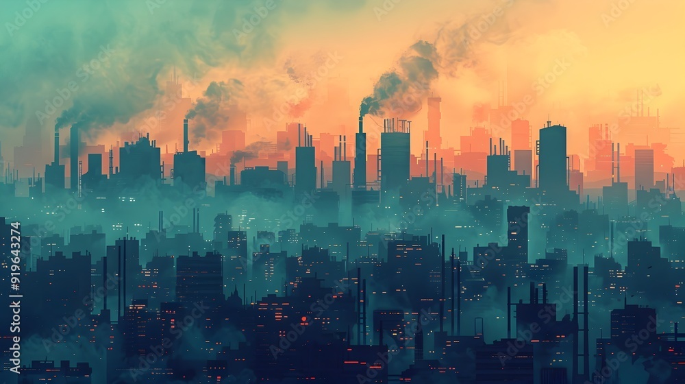 Dystopian Cityscape Shrouded in Polluted Haze - Gritty Futuristic Urban Landscape Depicting Environmental Damage Dystopian Cityscape Shrouded in Polluted Haze - Gritty Futuristic Urban Landscape Depicting Environmental Damage