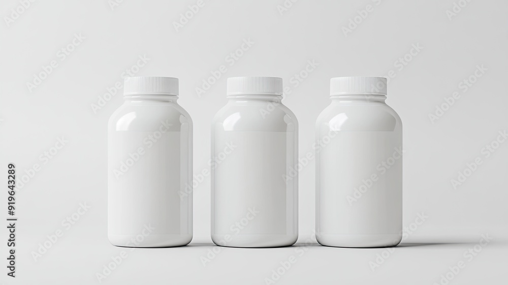 Three white plastic bottles with blank labels on white background. Three white plastic bottles with blank labels on white background.