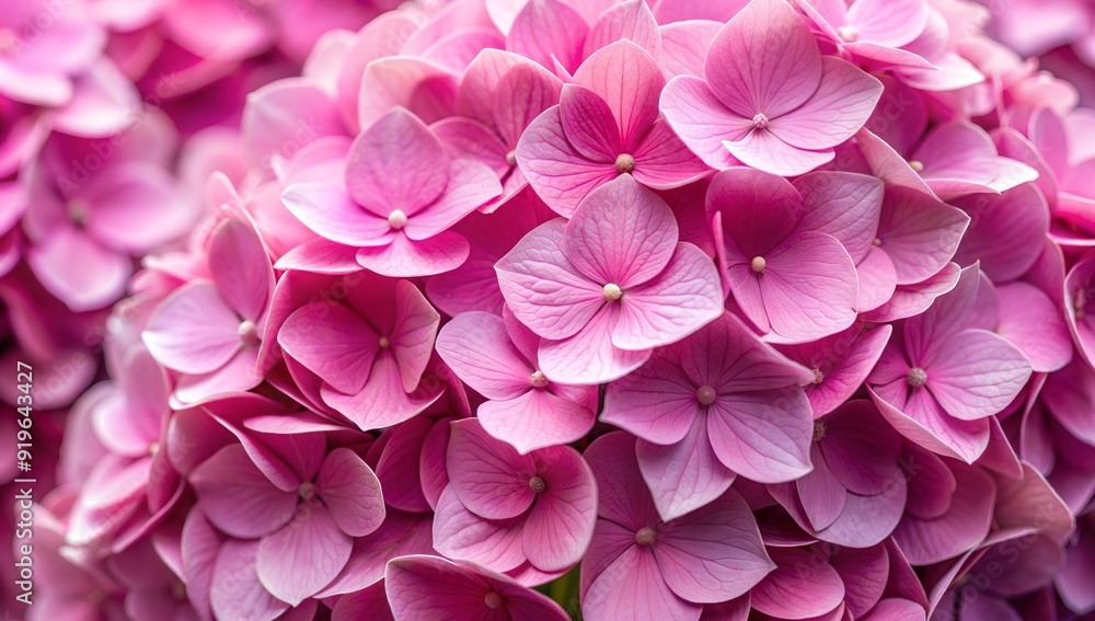 A lush cluster of pink hydrangea blossoms fills the frame, highlighting their soft petals and vibrant colors against a backdrop of green foliage. Generative AI A lush cluster of pink hydrangea blossoms fills the frame, highlighting their soft petals and vibrant colors against a backdrop of green foliage. Generative AI