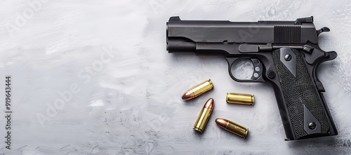 A black handgun with four bullets, lying on a grey surface. This image is suitable for use in articles on gun control, safety, or violence.