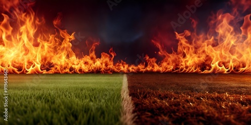 Flaming border dividing scorched ground and sports banner for presentations