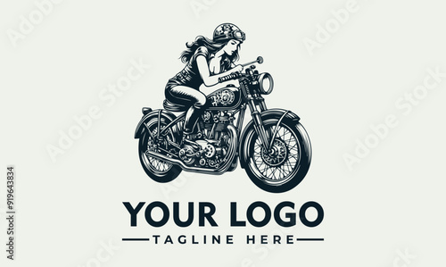 Woman riding motorcycle vector logo Woman rides motorcycle, with flowing long hair, Suits lifestyle, travel, adventure, and motorcycling themes.