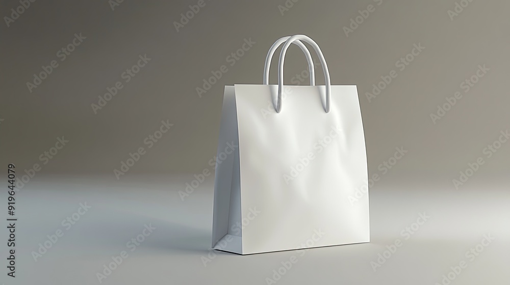 White paper shopping bag with handles on a light grey background. White paper shopping bag with handles on a light grey background.