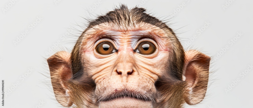 Close-up of a monkey's face with a surprised expression, set against a pristine white background Close-up of a monkey's face with a surprised expression, set against a pristine white background