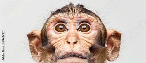  Close-up of a monkey's face with a surprised expression, set against a pristine white background