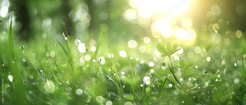 Obraz premium A tight shot of a damp grassy expanse, studded with pearls of dew Sunlight filters through the foliage of nearby trees, casting dappled patterns upon the