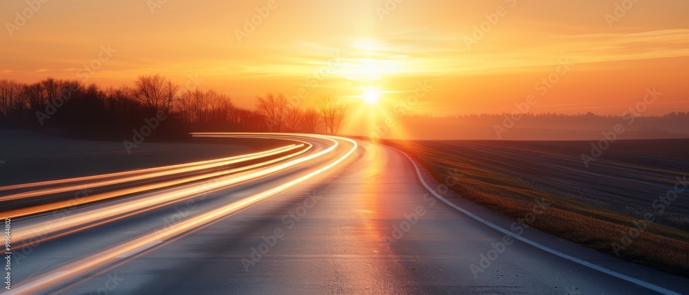 Naklejka premium The sun sets over a highway, Cars line up with long, radiating beams of light