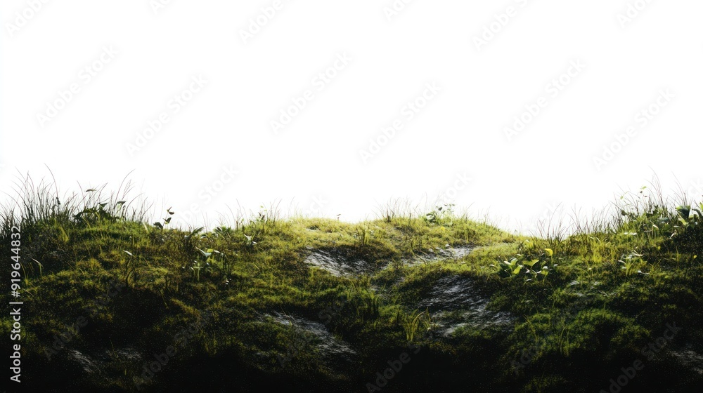 Grassy knoll against a white background, highlighting a simple nature scene with a clean divide between lush greenery and blank space above. Grassy knoll against a white background, highlighting a simple nature scene with a clean divide between lush greenery and blank space above.