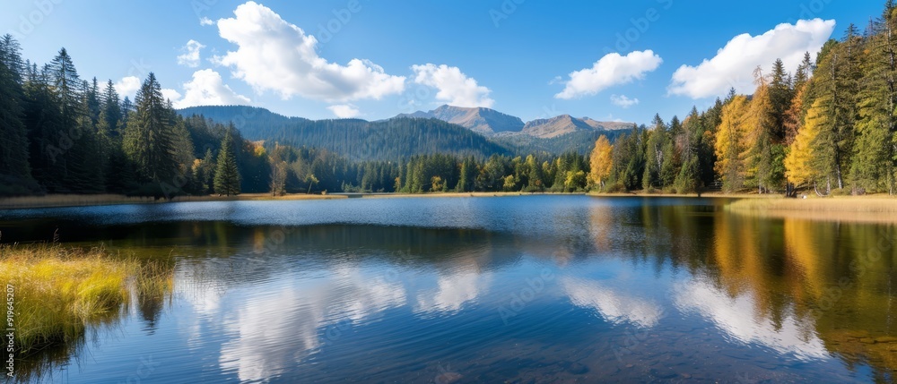 Fototapeta premium A tranquil lake enclosed by a dense forest teeming with numerous trees In the backdrop, a towering mountain with clouds adorning its peak