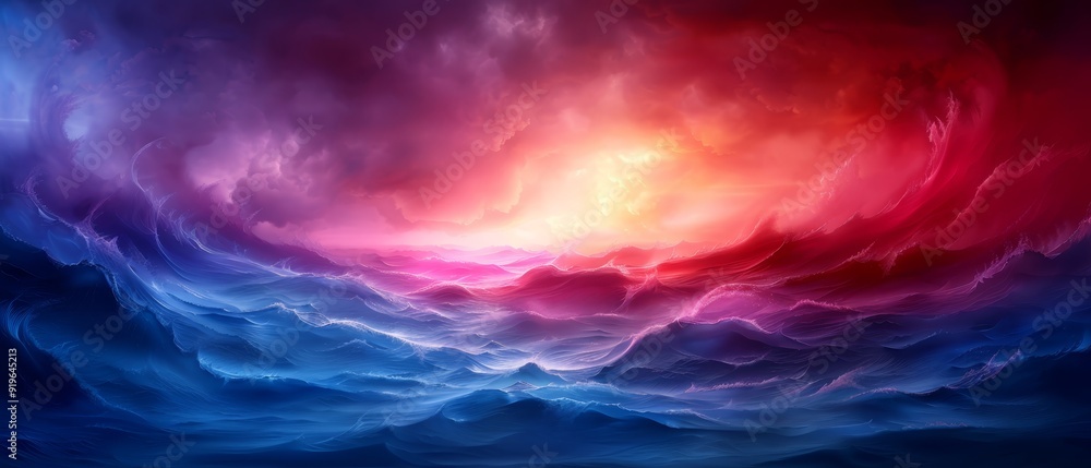 A painting of a red, blue, and purple wave with a sun sinking amidst it A painting of a red, blue, and purple wave with a sun sinking amidst it