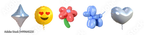 Set of balloons in the shape of a dog, flower, , emoji, silver heart and rhombus. 3d realistic style. Vector illustration