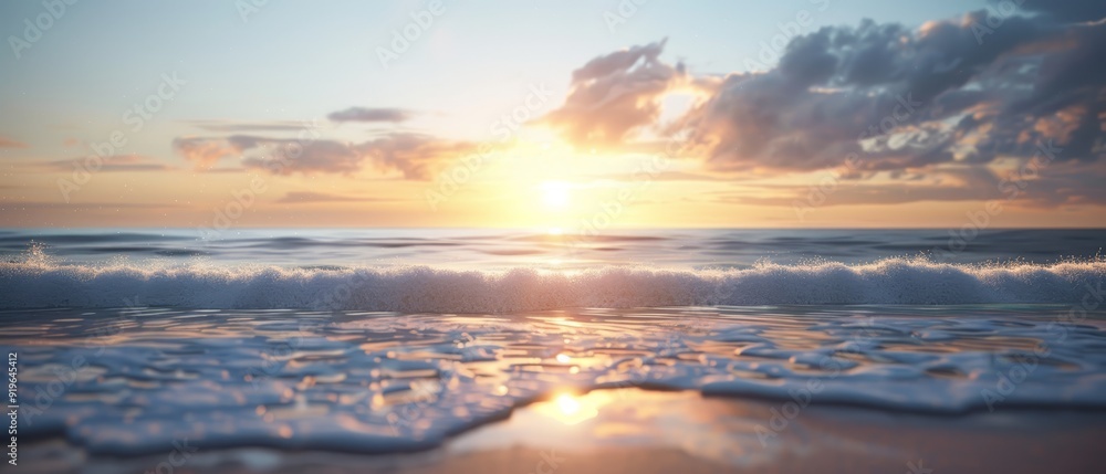 Obraz premium The sun sets over the ocean, waves approach the shore, and a beach lies in the foreground