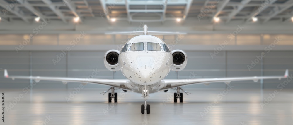 A tight shot of a white airplane's front in a hanger Lights adorn the ceiling above, while a door is nearby on the plane's side