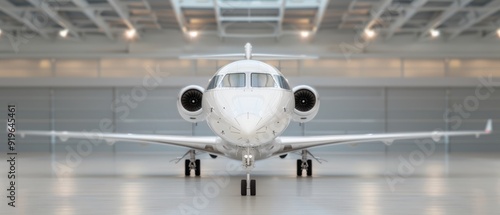  A tight shot of a white airplane's front in a hanger Lights adorn the ceiling above, while a door is nearby on the plane's side photo