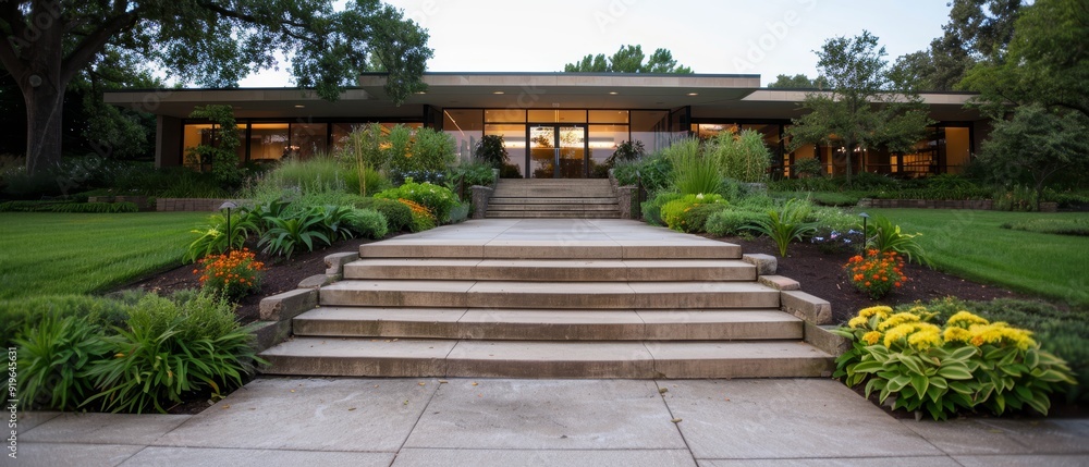 Obraz premium A pathway of steps approaches a house, adorned with flowers in the foreground and lush grass beneath