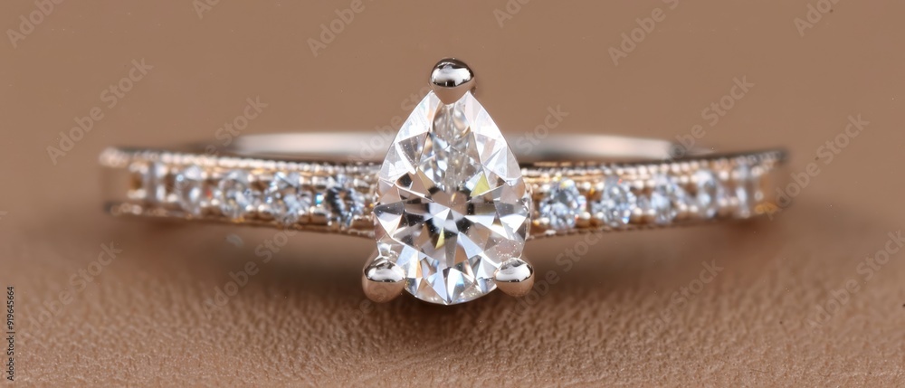 pear-shaped diamond at its core, band encircled by a side stone pear-shaped diamond at its core, band encircled by a side stone