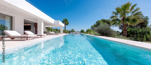  A sprawling swimming pool, complete with chaise lounges nearby, and palms trees flanking its sides