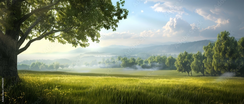 A scene of a grassy field, featuring a solitary tree in the foreground, and a distant mountain capped by clouds A scene of a grassy field, featuring a solitary tree in the foreground, and a distant mountain capped by clouds