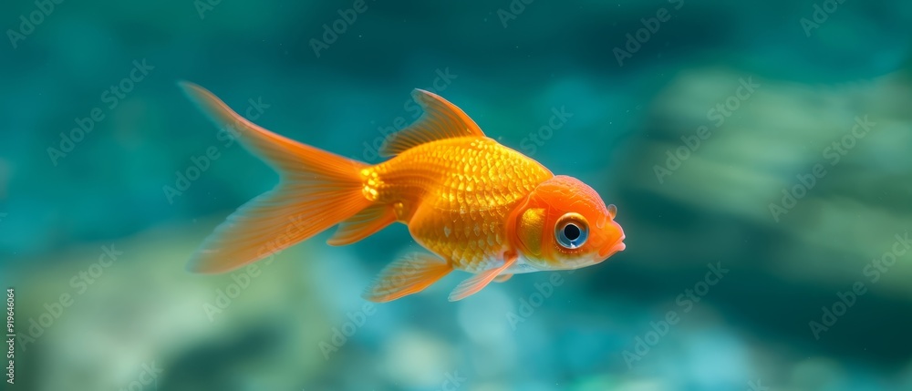 A tight shot of a goldfish swimming against clear water in front, surrounded by submerged rocks in the background A tight shot of a goldfish swimming against clear water in front, surrounded by submerged rocks in the background