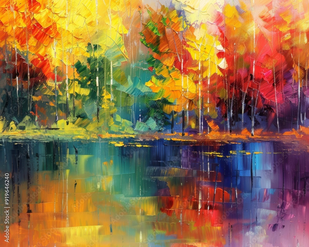 Autumn is coming, beautiful abstract paint with autumn colorful forest and pond with water reflection. Autumn is coming, beautiful abstract paint with autumn colorful forest and pond with water reflection.