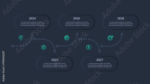 Neumorphic flowchart dark iinfographic. Creative concept for infographic with 5 steps, options, parts or processes.
