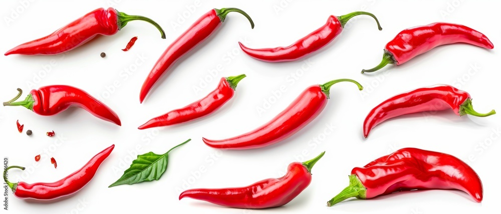 Red chilli peppers with green leaves atop and beneath, against a pristine white backdrop Red chilli peppers with green leaves atop and beneath, against a pristine white backdrop